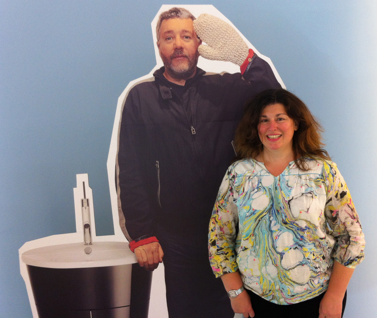 Me and a Philippe Starck cut-out in the Duravit showroom in Manhattan on October 3. We decided against getting his tub.