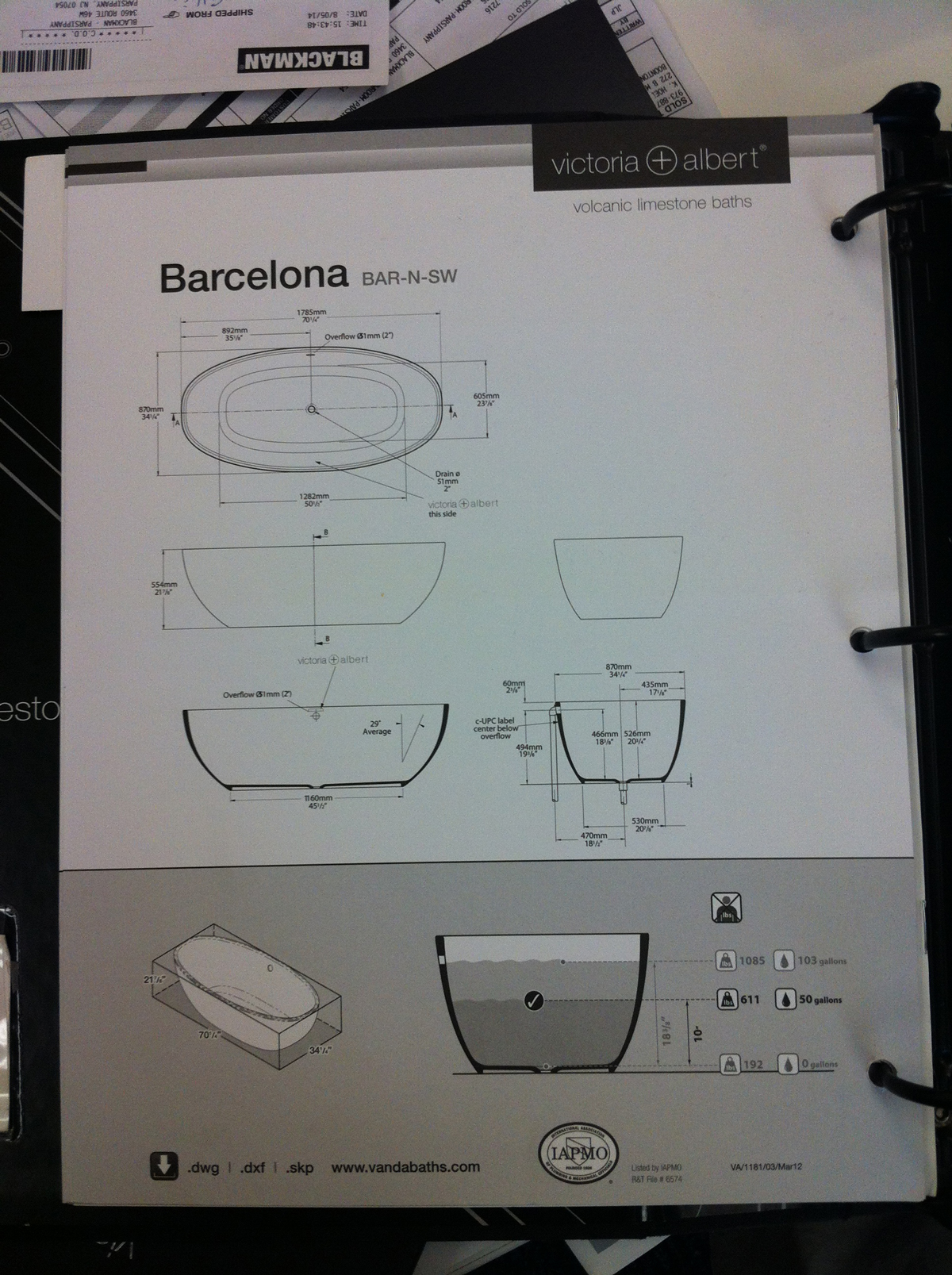 We order the tub on October 11, based on another Victoria + Albert soaker in the showroom and schematics in a catalogue. 