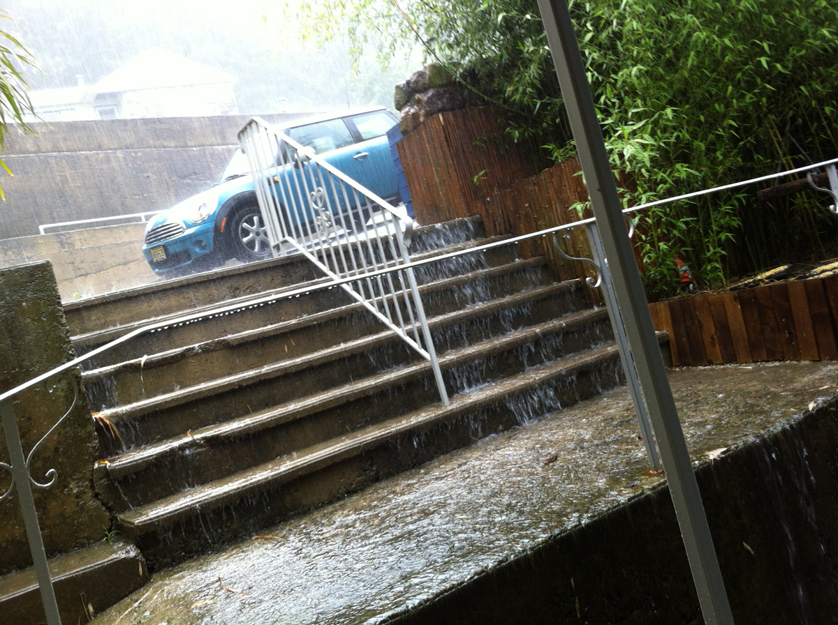 The stairs down to our home also serve as a water feature during storms.
