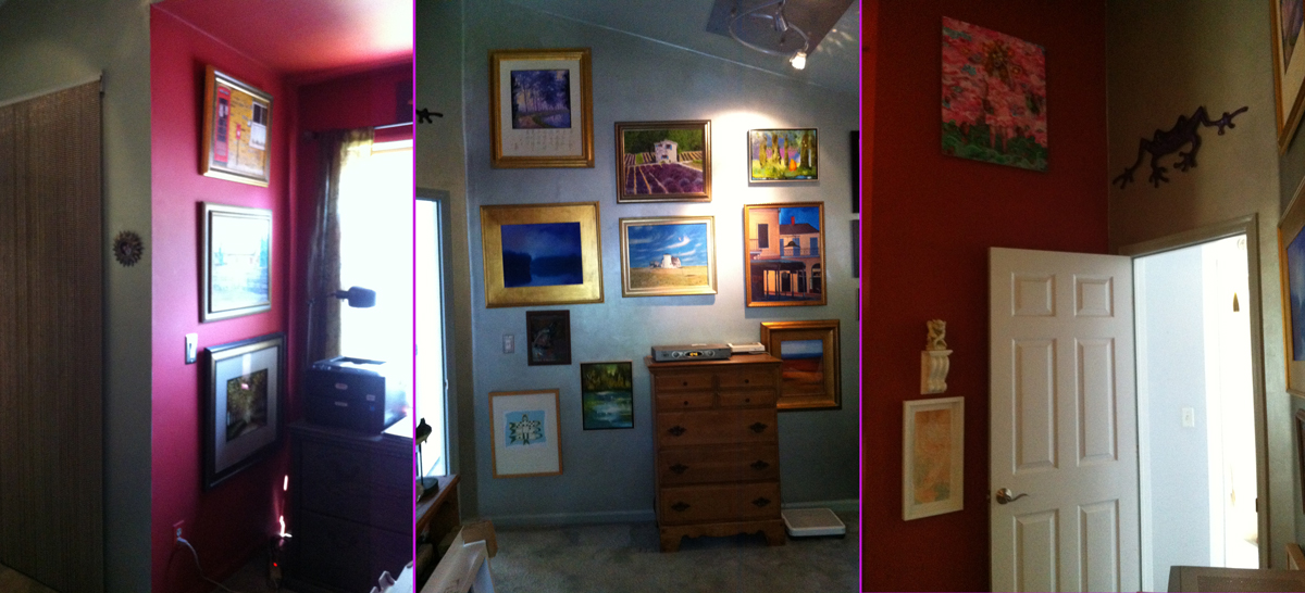 Renovation preparation began in June 2014 with protecting our artwork by moving it from the great room into the second bedroom, which serves as my man’s dressing room. Living without art sucks, so this interim gallery (which only shows part of our collection) kept us from completely freaking out.