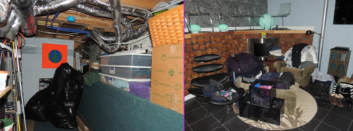Items we can live without are bagged, boxed and stacked in the mid-level utility room. Stuff we need regularly is scattered across the lowest level.