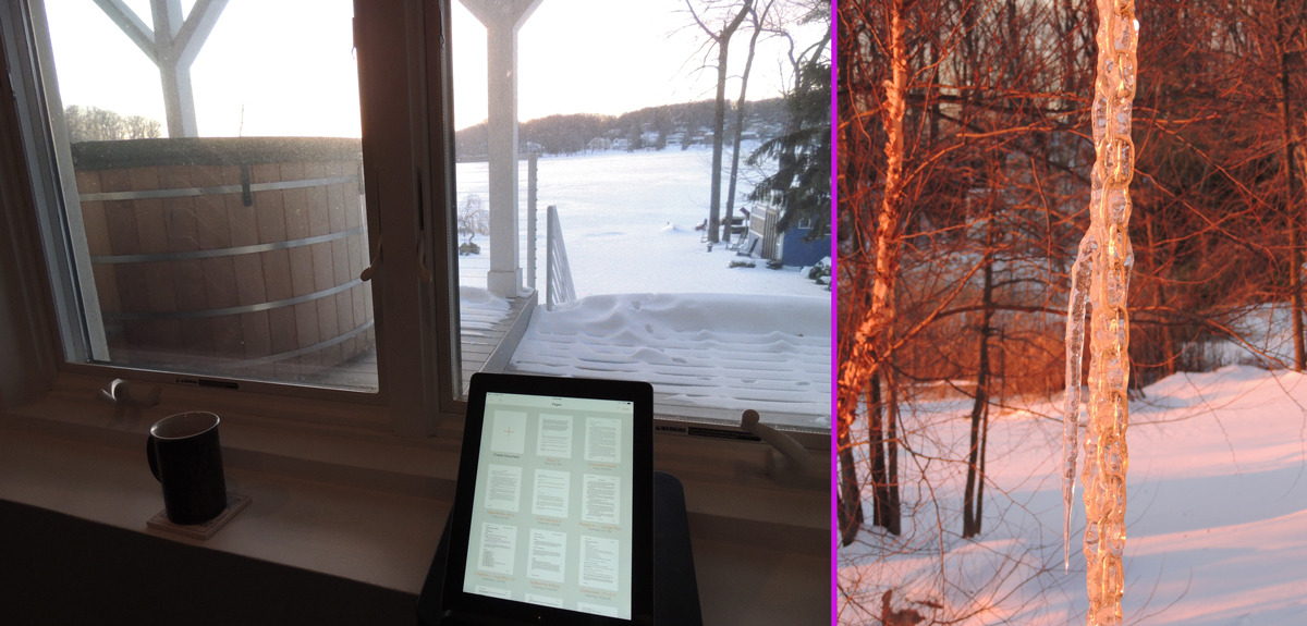 Warmed by my husband-made coffee, trusty iPad at my side, I gaze out at the hot tub and yearn for a more manageable 32 degrees fahrenheit. Outside, the rain chain catches rays from the sun, but refuses to release its icy coating. 
