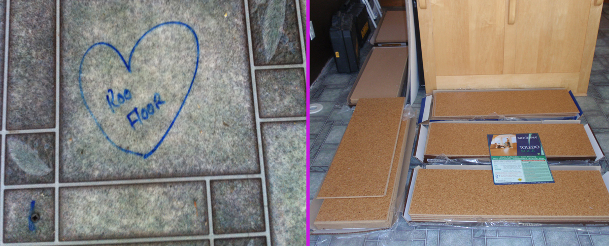 Hidden graffiti penned by my husband before we install the cork flooring in February 2009 is rediscovered when the ill-fated flooring is ripped out in June 2014.