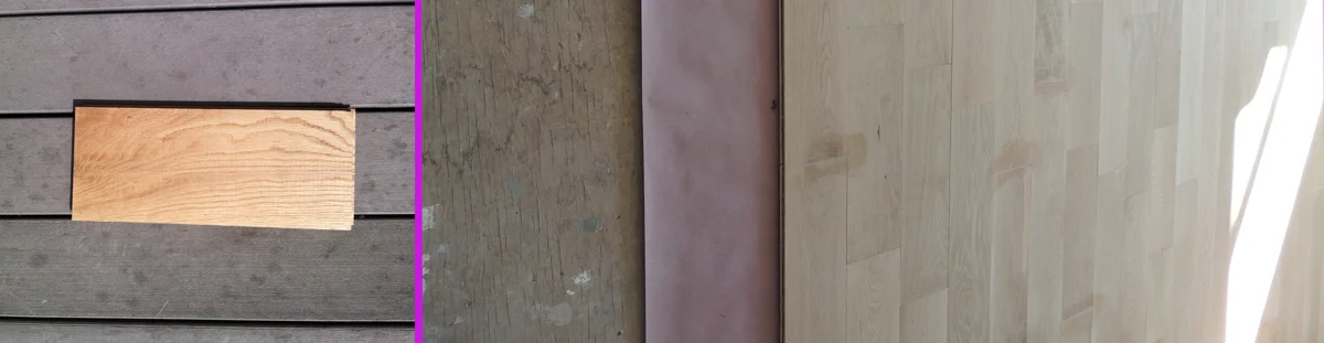 The wood planks are a tad wider than the decking (left). The sheathing is covered in vapor barrier paper before the boards are installed.