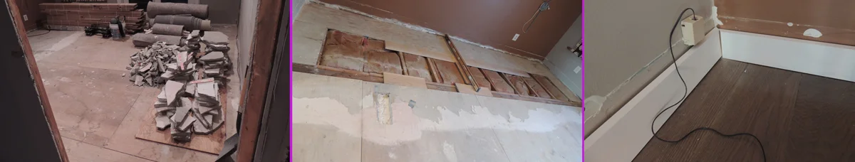 After hacking out chunks of un-leveling compound, Skinny Bob had to re-sheath the floor. Once it was time for Rolando to begin the task of installing trim, we could see just how much higher that side of the bedroom had been than the rest of the upstairs.