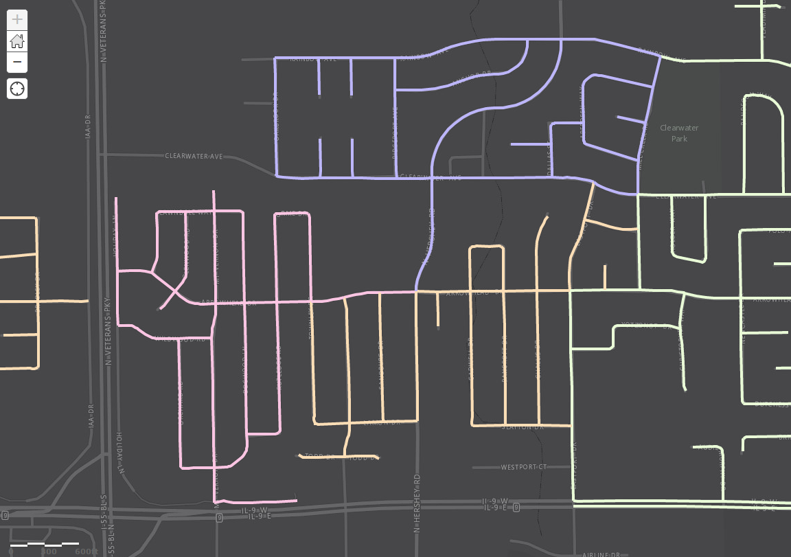 By creating models of the existing collection routes within the GIS, we can confirm that variables such as travel times and service times are actually giving us "real-world" conditions and will provide credible results in our proposed routing models. Here we can see that the existing routes are very "block-like" and cleanly divided by neighborhood or subdivision. Looks pretty but not necessarily 'optimized'.