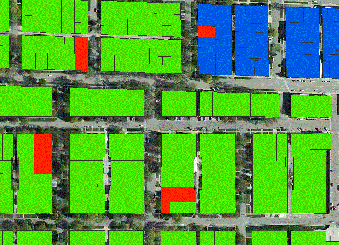 Map of Mendota, IL used to track the locating process of individual shutoff valves for each parcel. Each color represents a different status; green means that the shutoff has been GPS located, blue means that it has been flagged and is ready to be GPS located, and red means that the field crew couldn't find it.