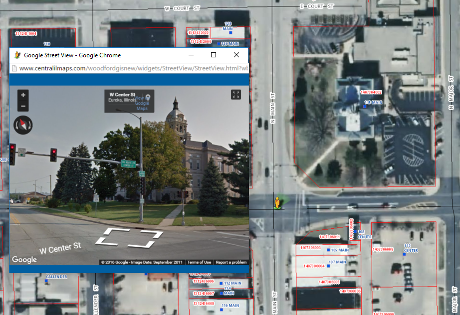 Dragging the "Street View Man" icon to a location on your map will activate a Street View popup window that has panoramic, street-level views of the location (where available).