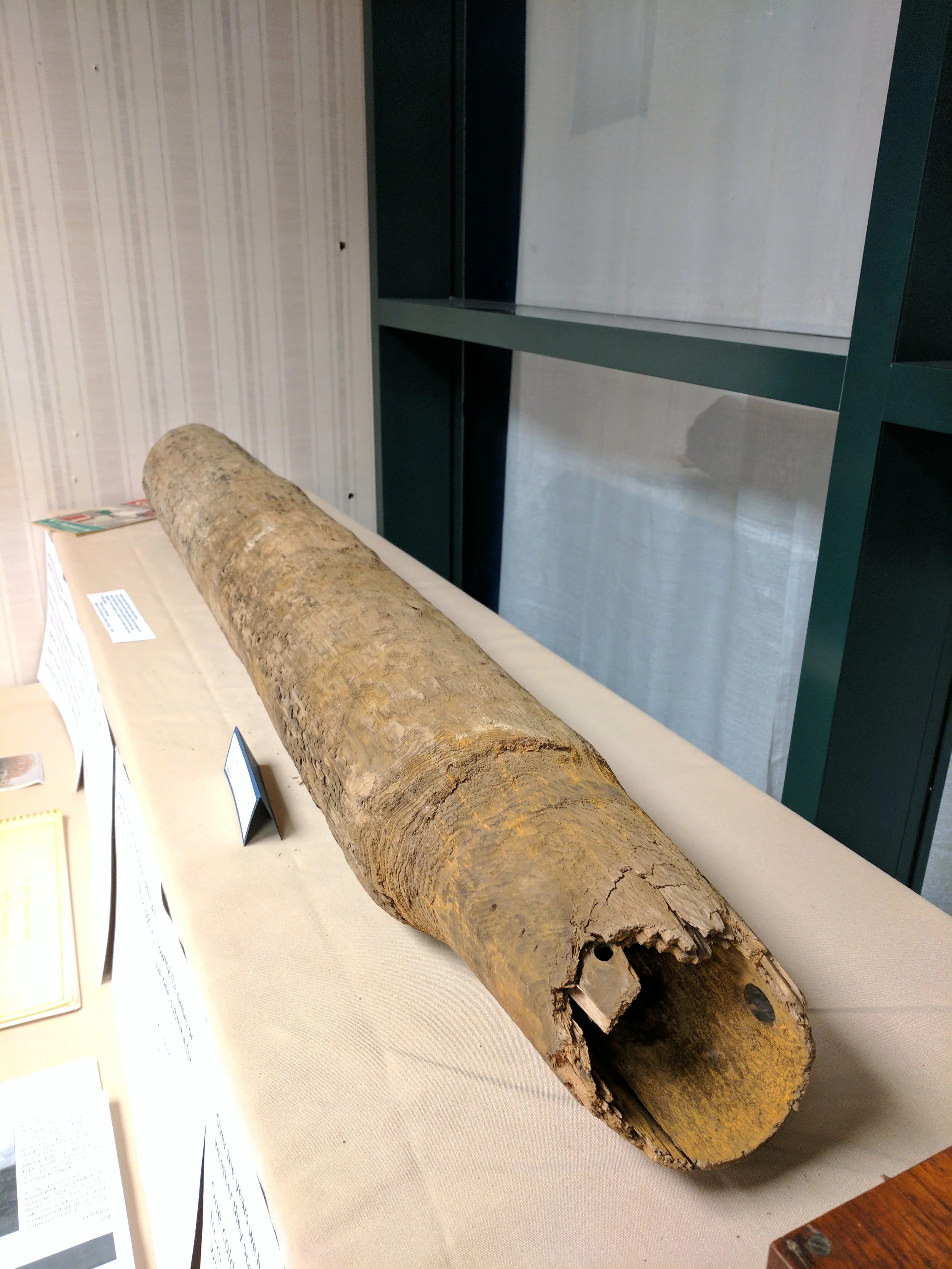 Here you see a 4" diameter wooden water main from Green Bay, WI that was part of a water utility hisory exhibit at Watercon.