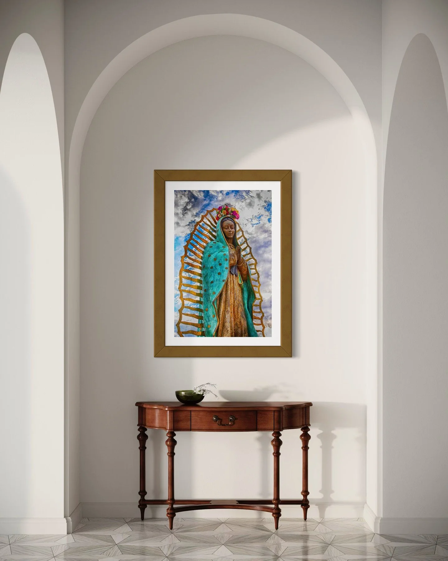 ✨ Embrace the divine beauty of Our Lady of Guadalupe, captured in this stunning print from the heart of Santa Fe. 🌟 This photograph highlights the exquisite details of the statue, a symbol of hope and devotion nestled in the New Mexican landscape. T