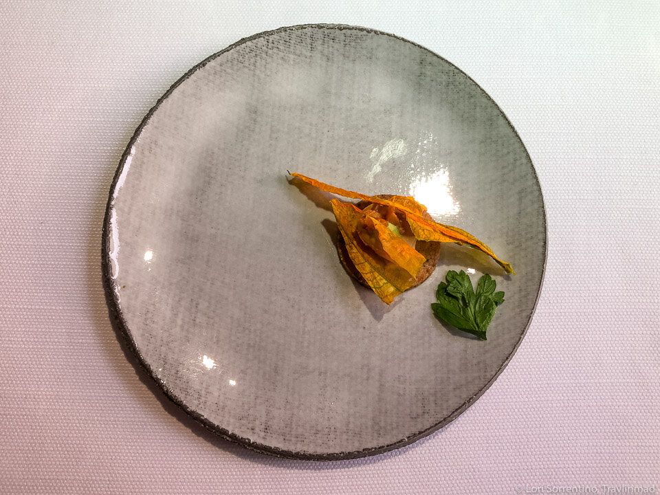 Rye tartelette, smoked pit cheese, parsley, and chanterelles