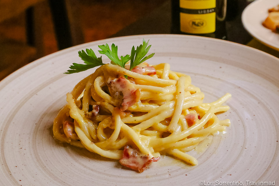Traditional Spaghetti alla Carbonara made with creamy egg and cheese