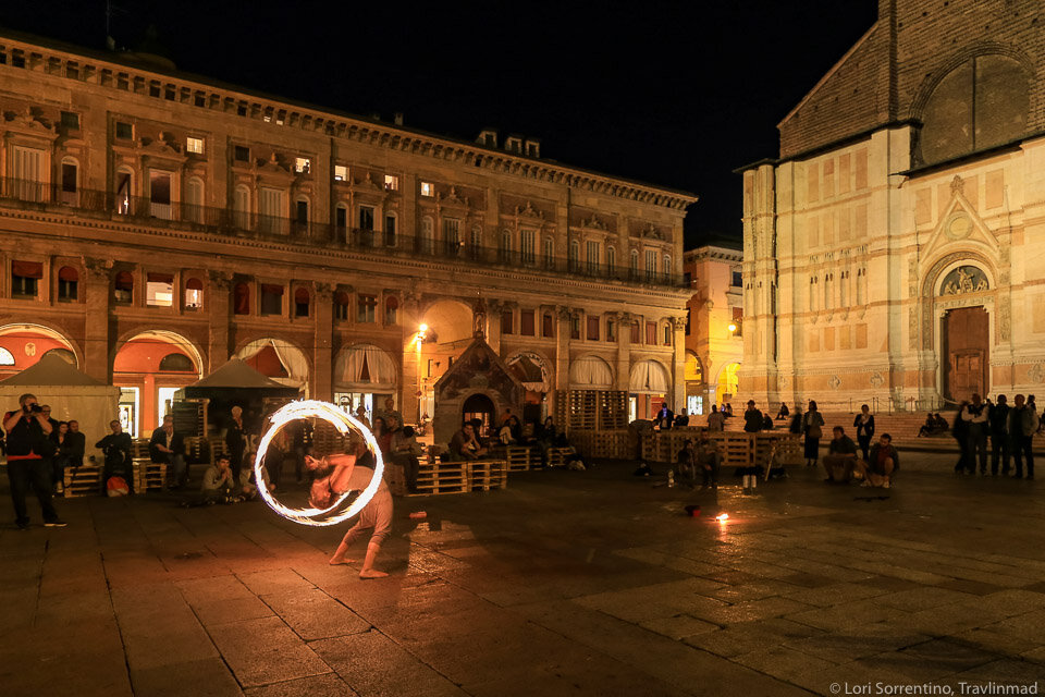 Fire twirlers in Piazza Maggiore