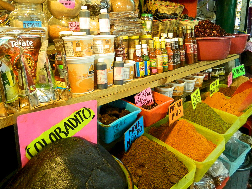 Colorful molés in a local Mexican market