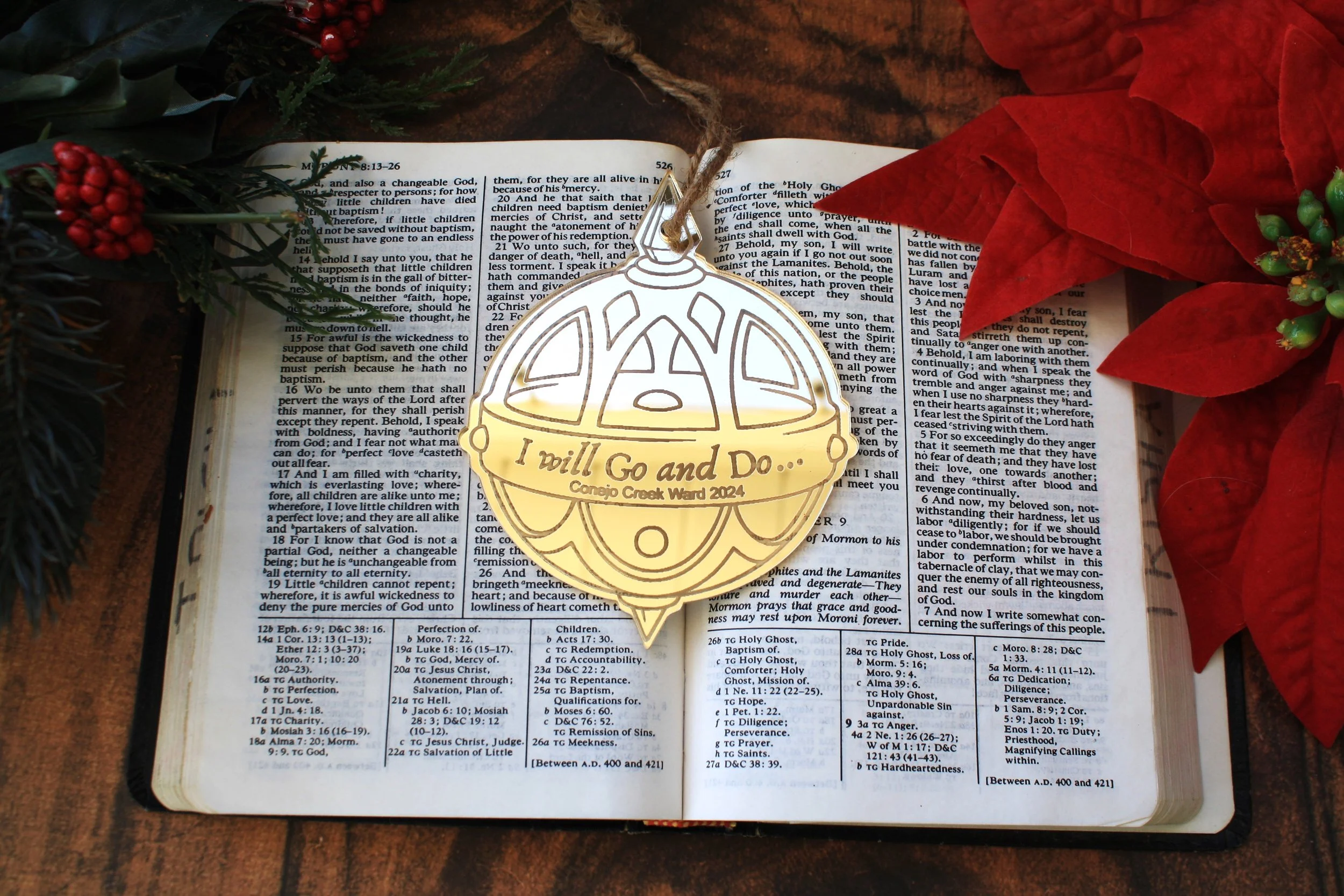 LDS Liahona Laser Engraved and Cut Gold Mirror Acrylic Christmas Ornament
