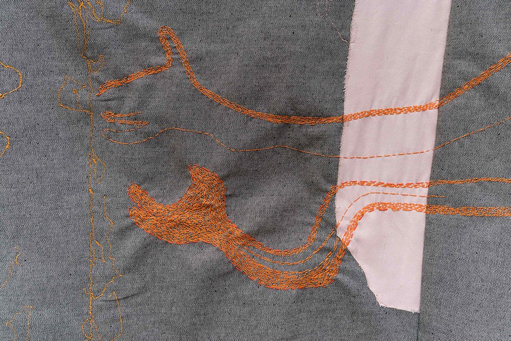  Detail _Temptation, Hand stitched embroidery, Hand dyed Fabric, Appliquéd cotton, 2022, 56x64 inch 