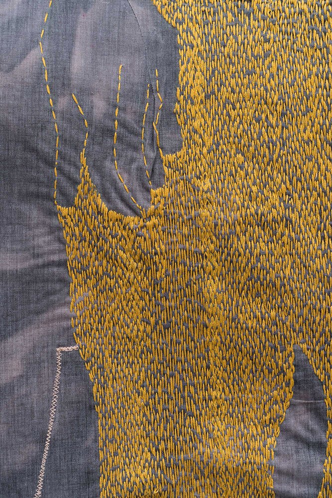  Detail_ Chasing the Blue Horizon, Hand stitched embroidery, Hand dyed Fabric, Appliquéd cotton, 2022, 41x33 inch 