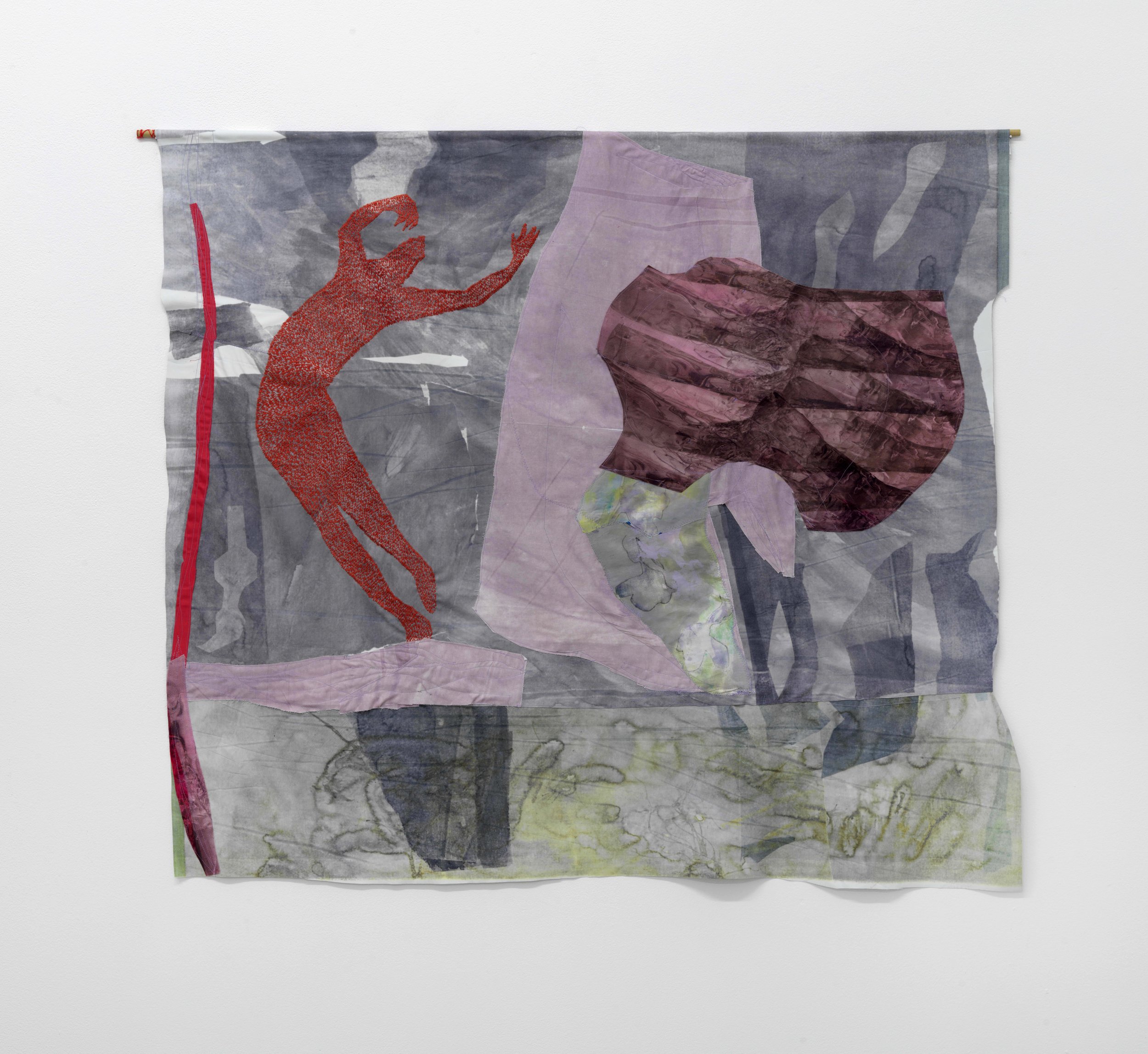  Coming undone, 2023, Hand stitched embroidery, Hand dyed Fabric, Appliquéd cotton, sublimation printing on drop cloth, 42x45 inches 