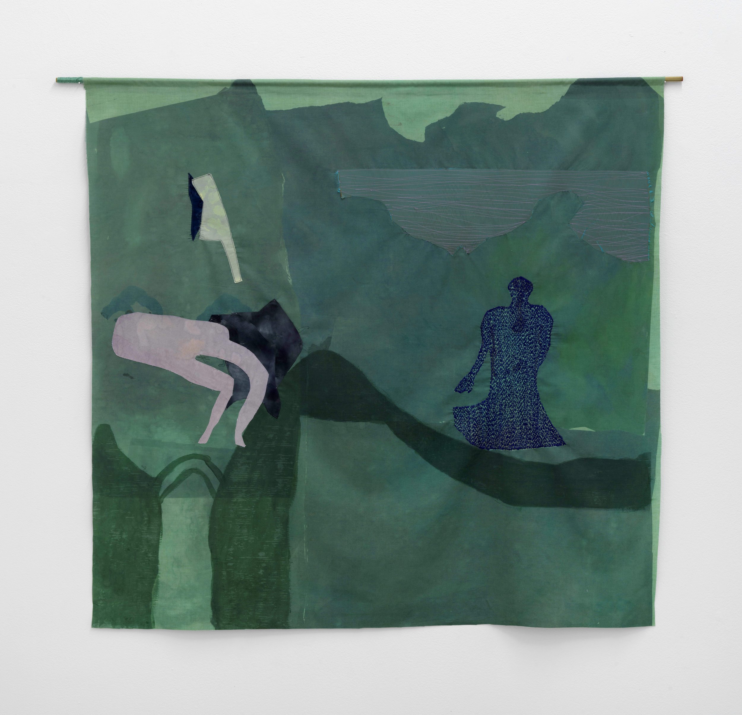  Slip Through, 2023, Hand stitched embroidery, Hand dyed Fabric, Appliquéd cotton fabric, sublimation printing, 43 x 68 inches    
