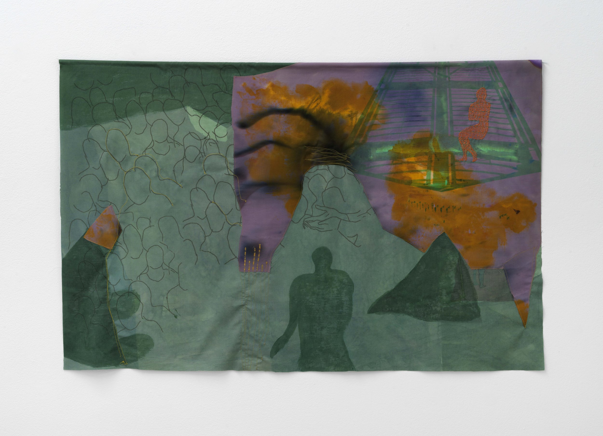  Sunrise Green, 2023, Hand stitched embroidery, Hand dyed Fabric, Appliquéd cotton fabric, sublimation printing, screen printing, 43x27 inches    
