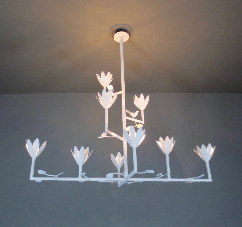 9 Bloom Cross Bar Chandelier with Birds and Leaves