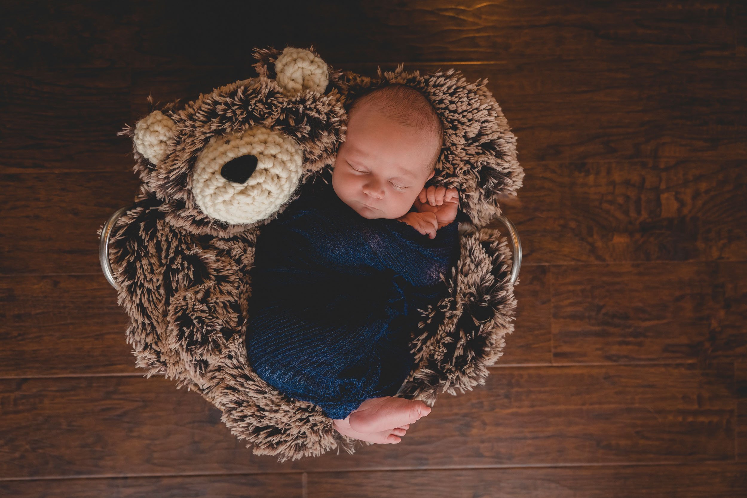 Newborn in basket with bear blanket