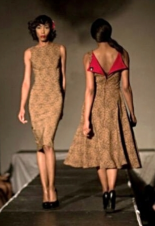 Models of the runway in Tatyana "Wiggle" (l) and "Circle" (r) frocks.