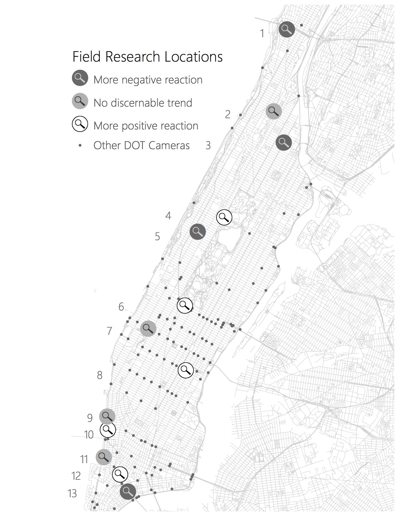 A map of places in Manhattan where respondents have more favorable reactions to NYPD surveillance.
