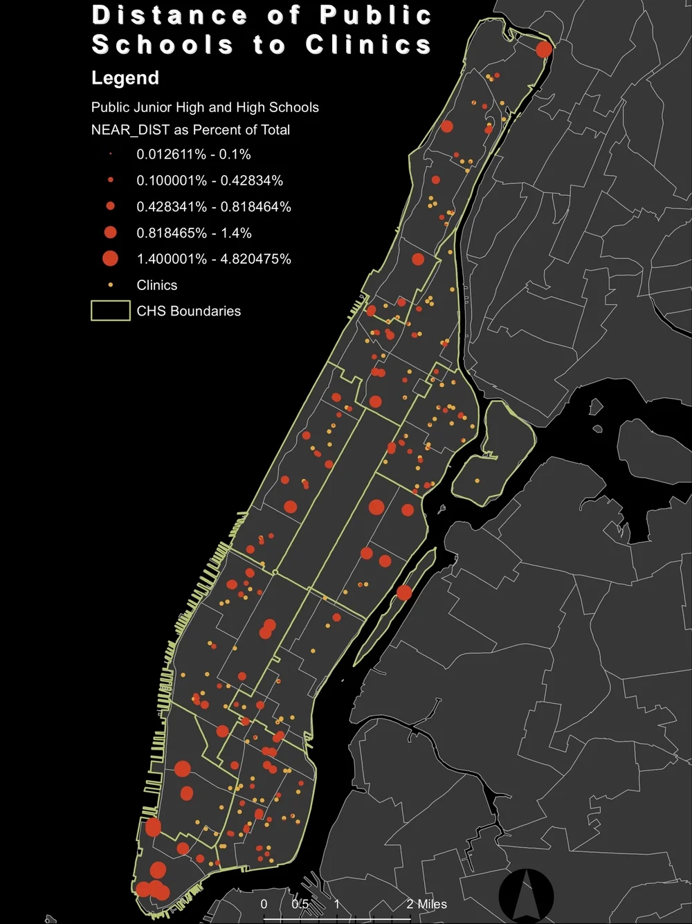 Health Clinic Distance from Public Schools NYC sexual health clinic distance from census tract selected areas of high percent teen population, laid over percent teen population.