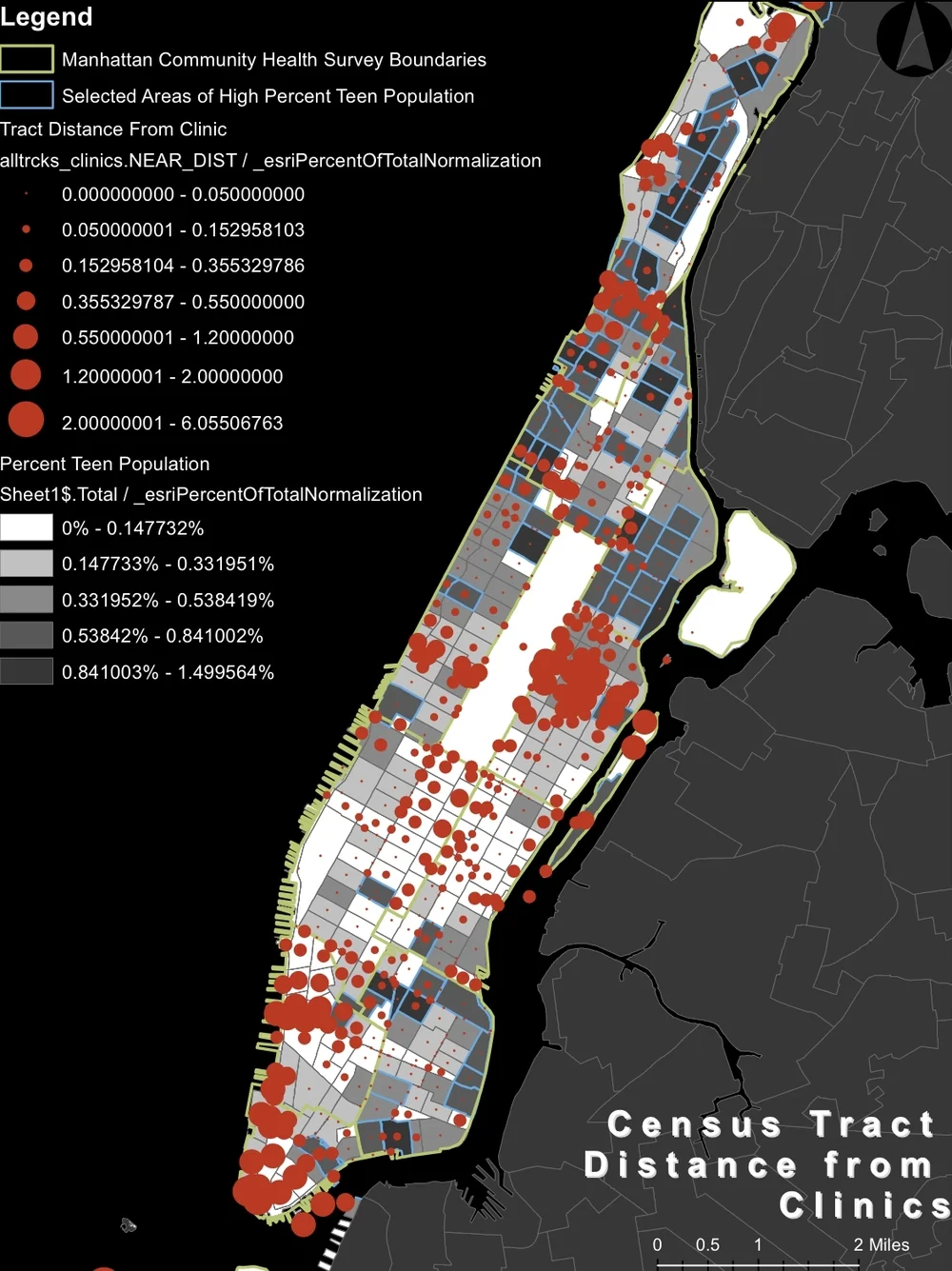 NYC Health Clinic Accessibility NYC sexual health clinic distance from census tract selected areas of high percent teen population, laid over percent teen population.