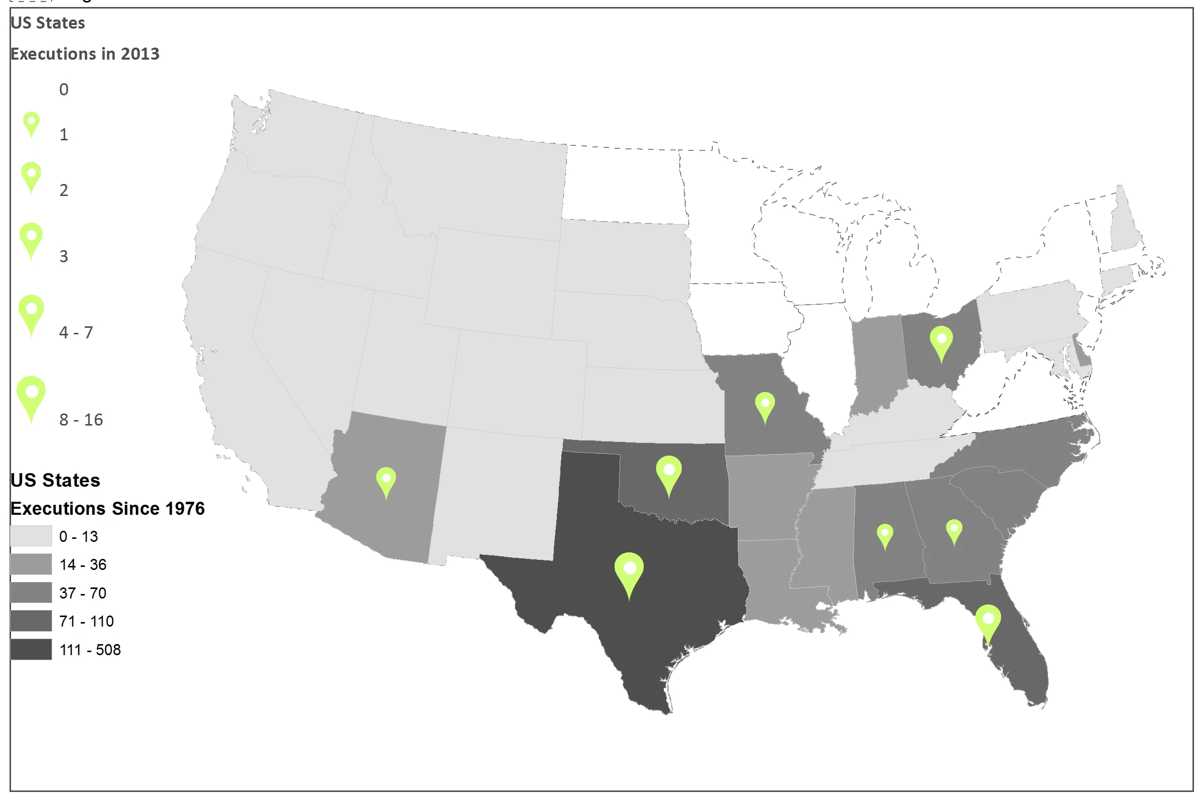 Executions since 1976 and in 2013 in the US