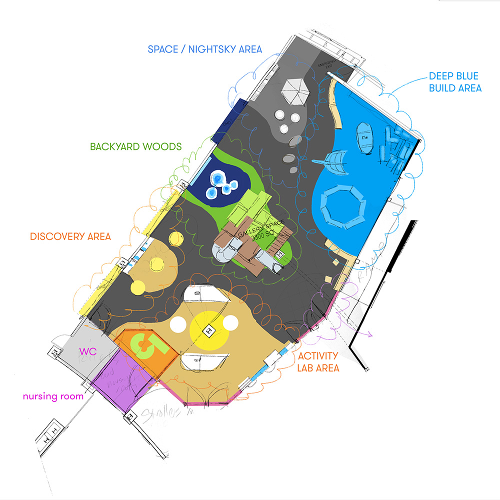 Clean sketch of floor plan, organized into themes and approximating exhibit footprints and traffic corridors