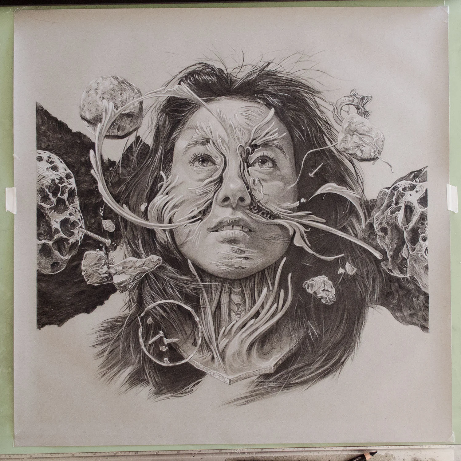 Tara, conté pencil on toned paper, 20″ x 20″