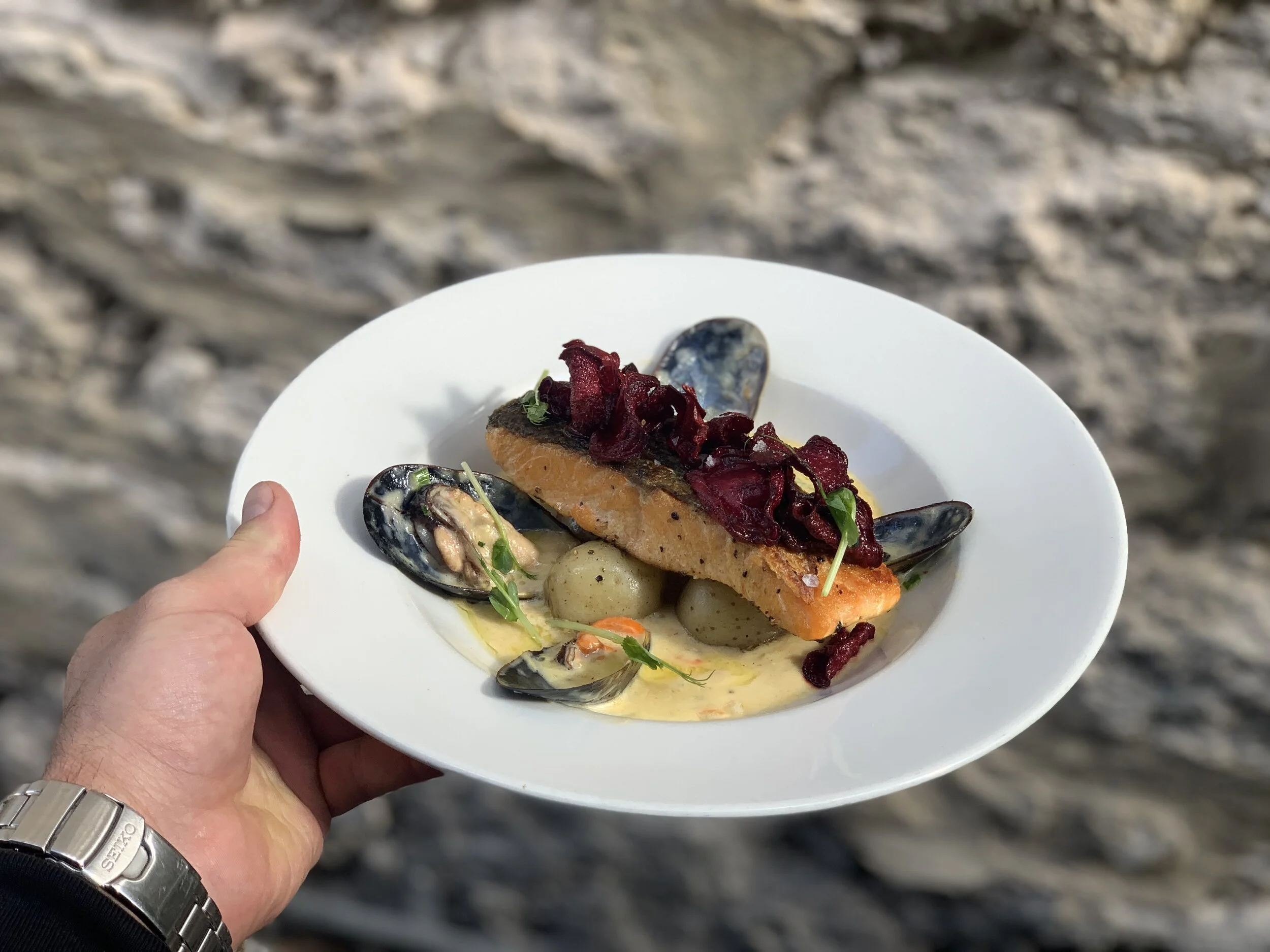 seafood chowder grilled salmon sandrino .JPG