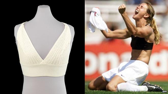 LEFT the original Jogbra RIGHT US footballer Brandi Chastain celebrates winning the Women's World Cup in 1999 by ripping off her shirt to reveal her Jogbra