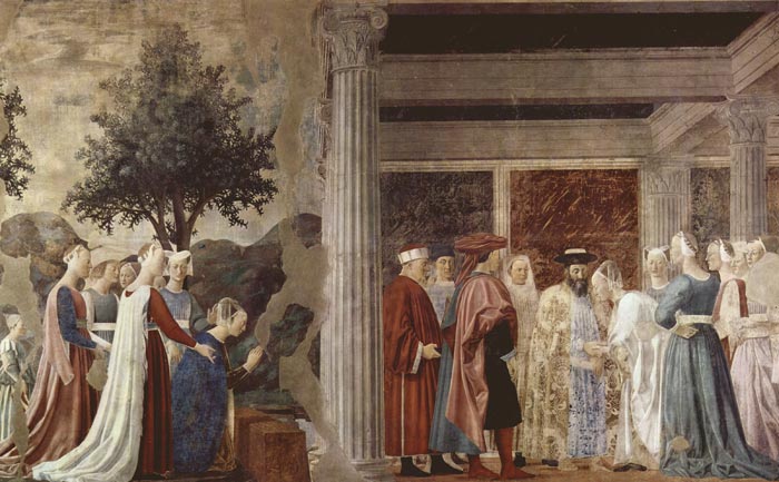 Piero della Francesca Adoration of the holy wood and meeting of solomon and queen of sheba.jpg