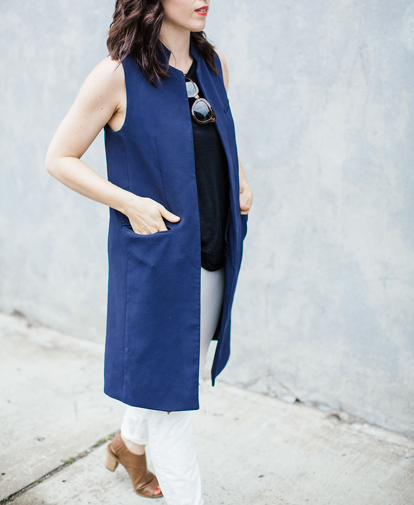 long sleeveless blazer outfit 