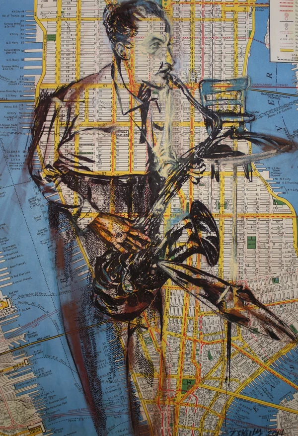Downtown Smear – conte and ink on map, 15” x 20” 2014 