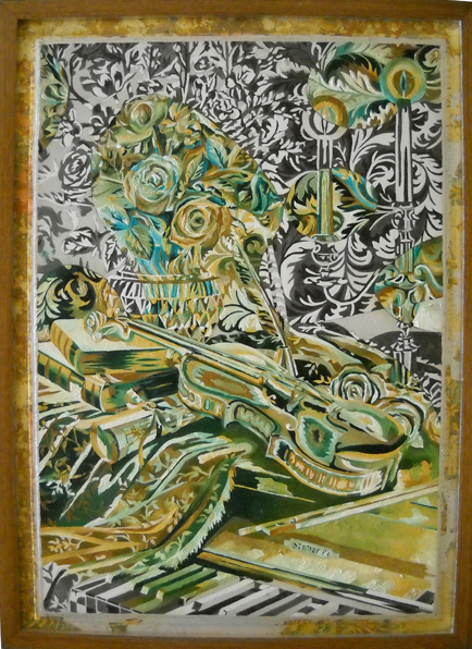 Mantovani's Dream, 19"x23", oil paint, pencil, whiteout, ball point pen, gold leaf on paint on paint by numbers, 2009