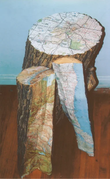 Travel Logs, 14"x24" 14", logs and maps, 2007