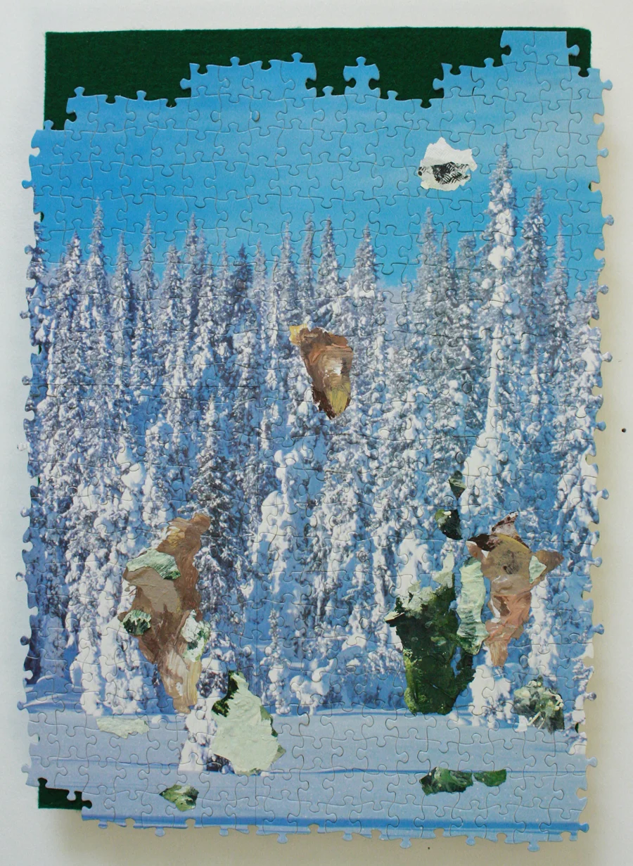 Winter in a Box 3, jigsaw puzzle, acrylic paint, felt, 13" x 18", 2014