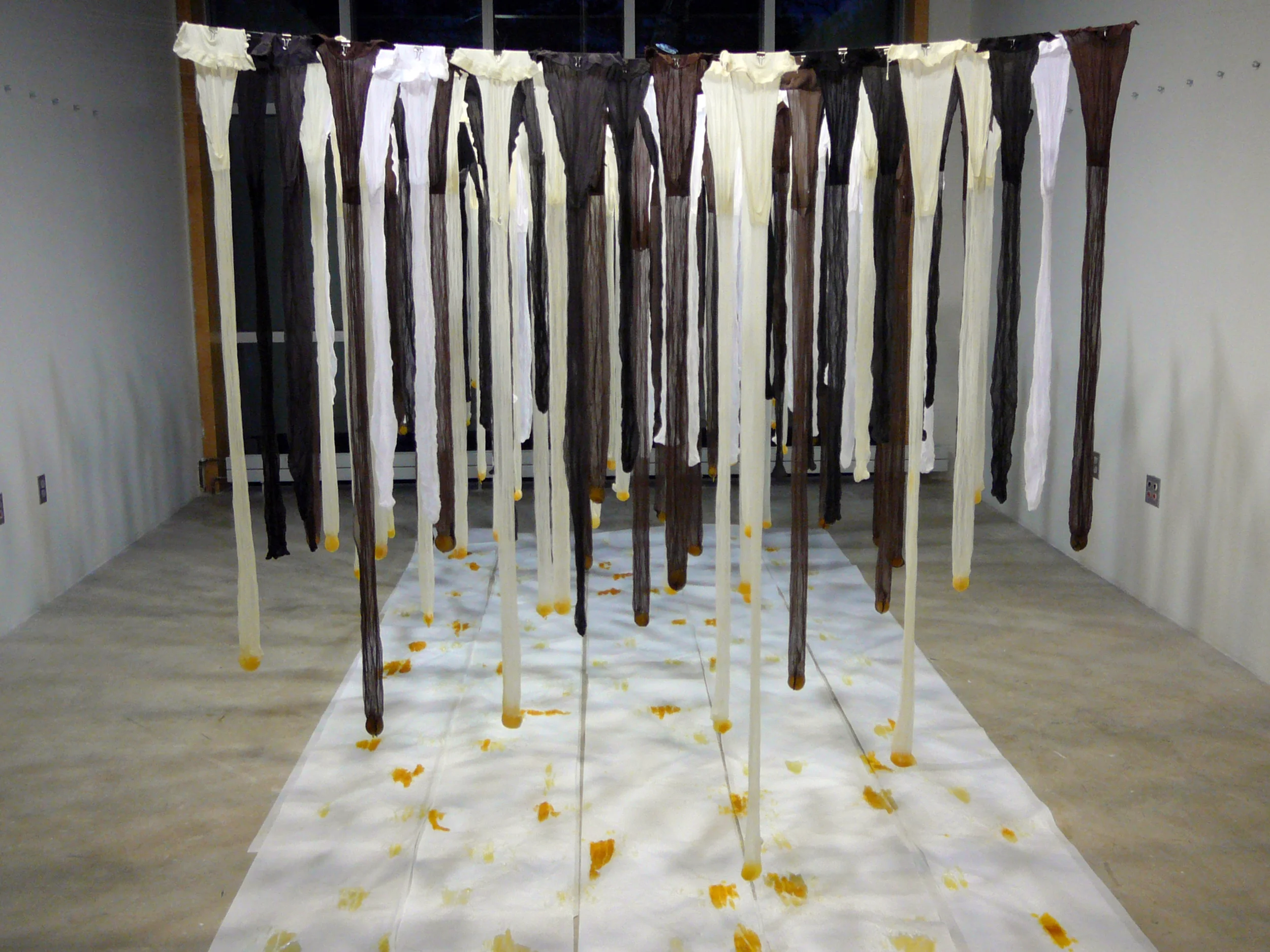 Shiloh, 2008. individual panty hose legs, raw egg, parchment paper, monofilament. 12 ft W x 17 ft L x 5.5 ft H