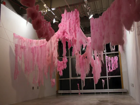 Pink Heaven, 2009. Spun sugar, mason twine, metal hardware. 24' L x 14' W x 16' H. Photo: P D Rearick