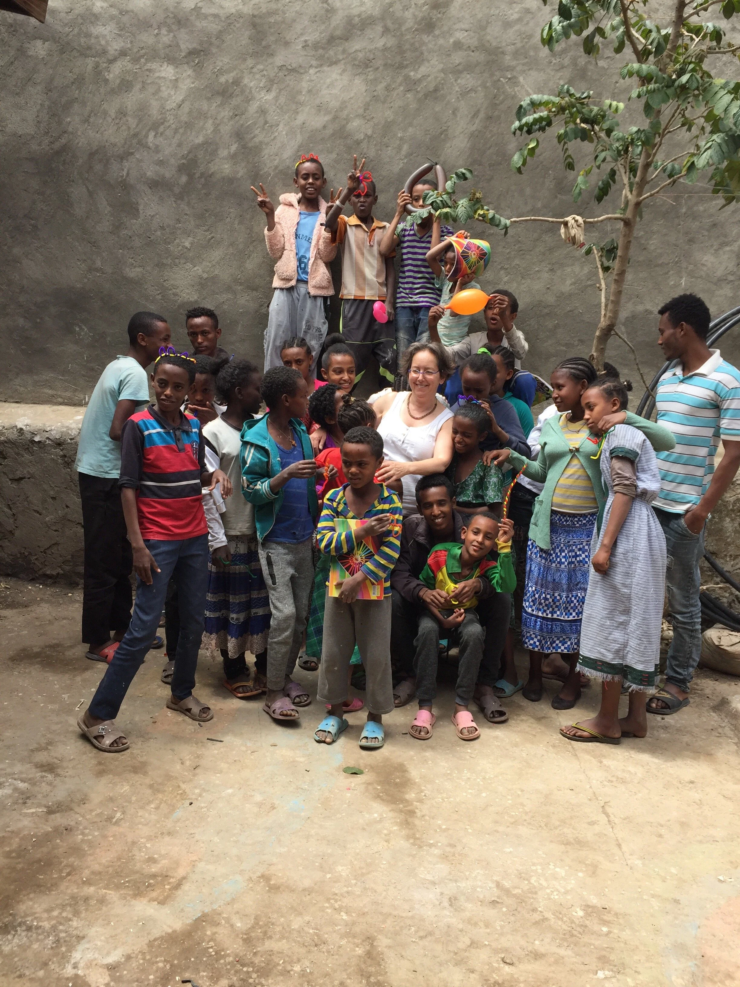 surrounded by new friends