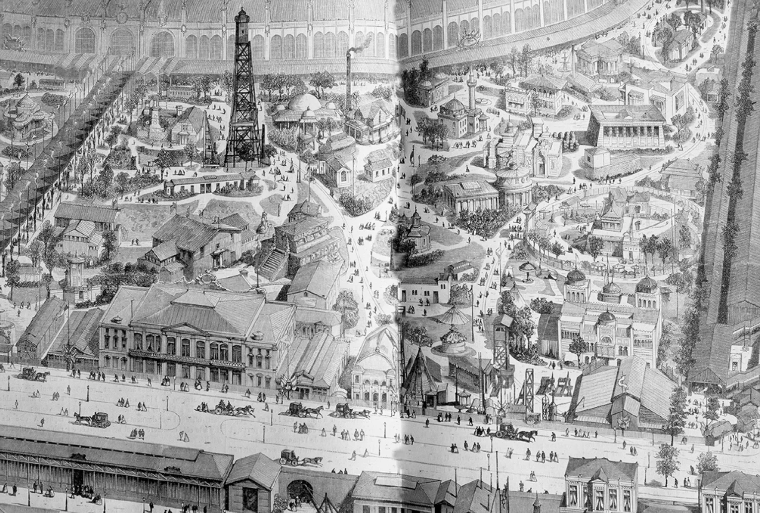 The Exposition Park: English Lighthouse, Egyptian temple (upper right), Tunisian Bardo of the Bey (lower right) and more