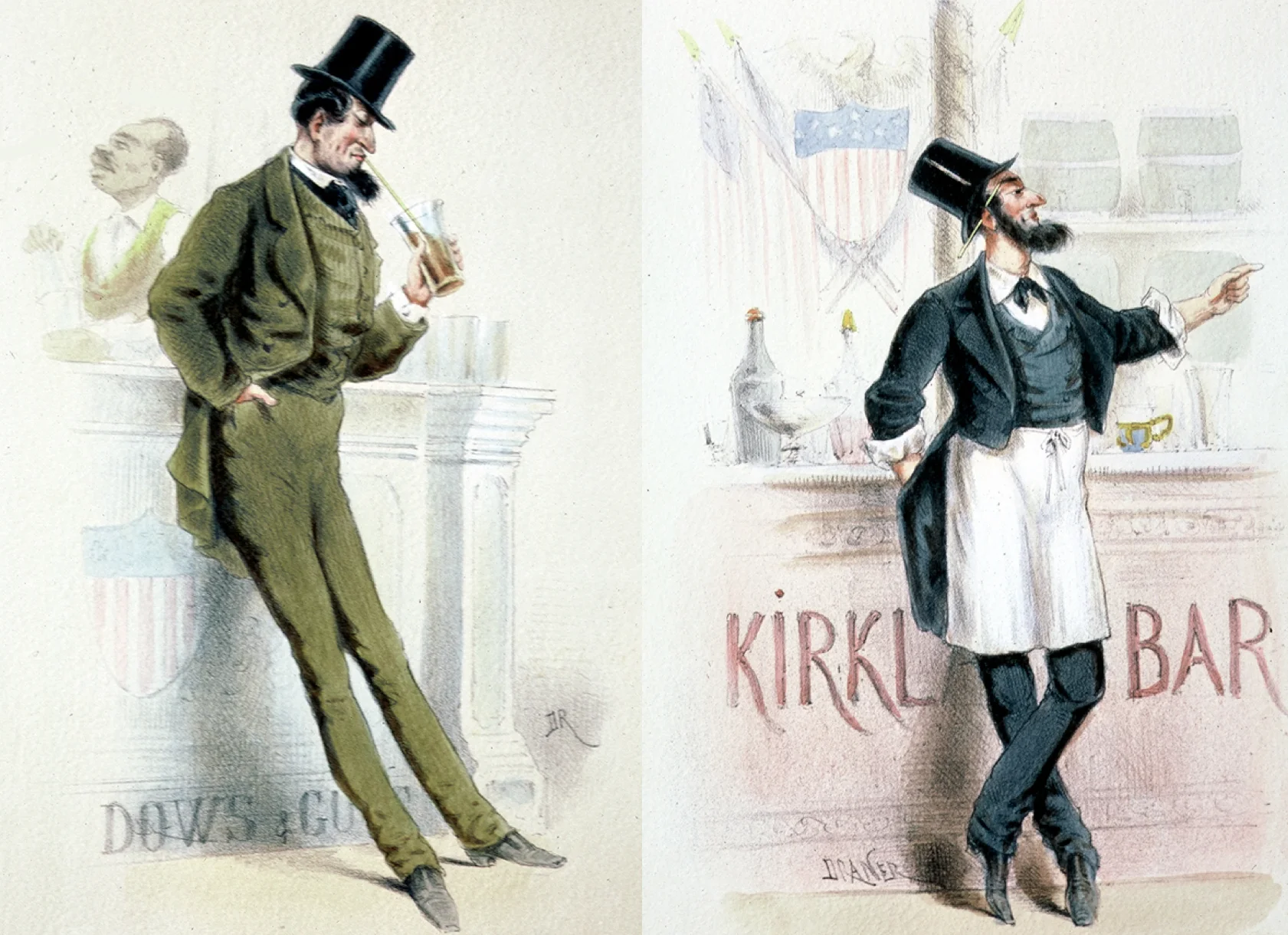 Two views of the American Bar in the ring of restaurants of the exposition. Fairgoers would have appreciated the symbolism of the American Civil War; but the rye grass straws made the strange American drinks -- such as the Brandy Smash and Mint Julep -- taste even more bizarre.
