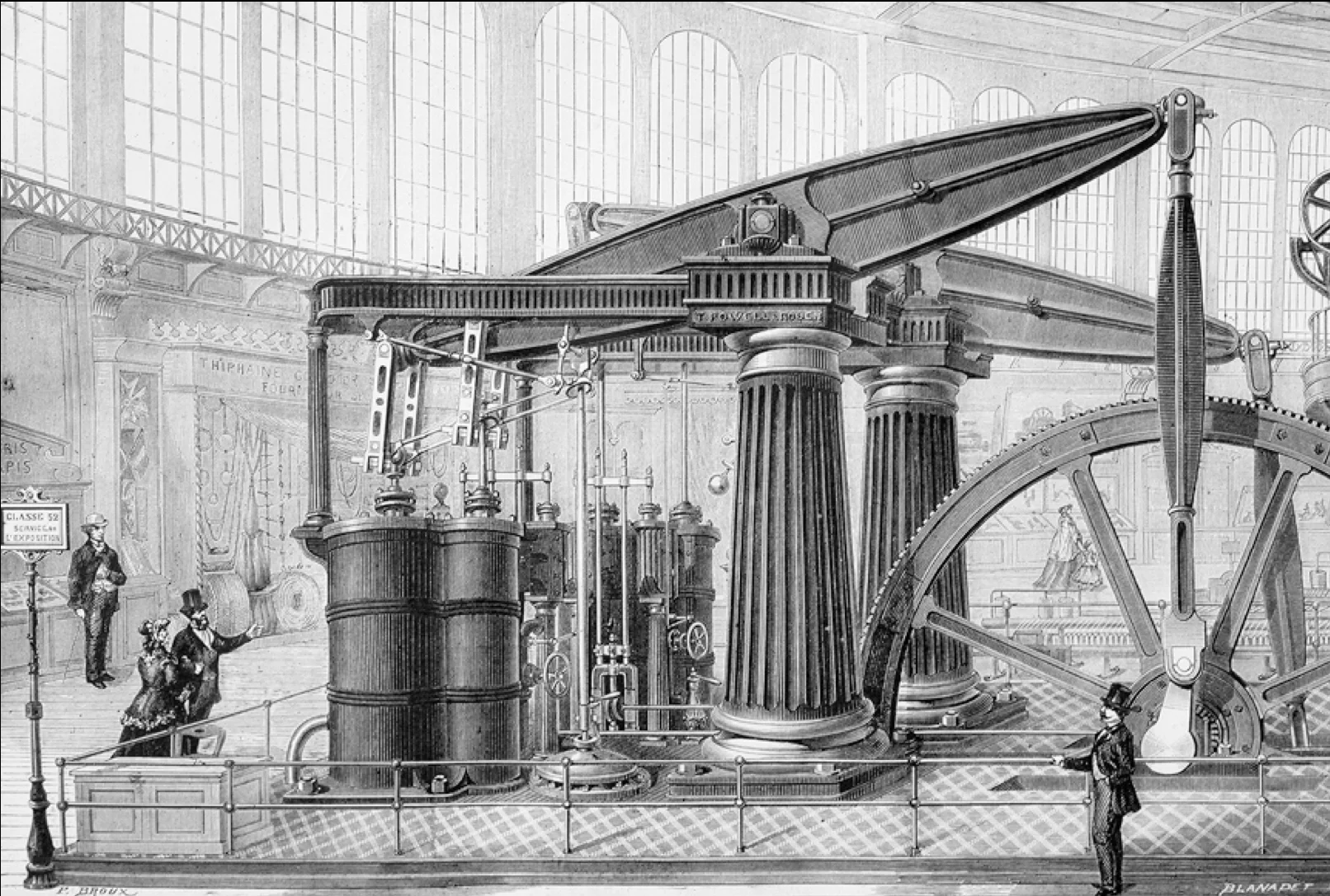 Industrialists still labored under a sense of inferiority to the fine arts, as seen in this attempt to dress up a machine with fluted Doric columns.