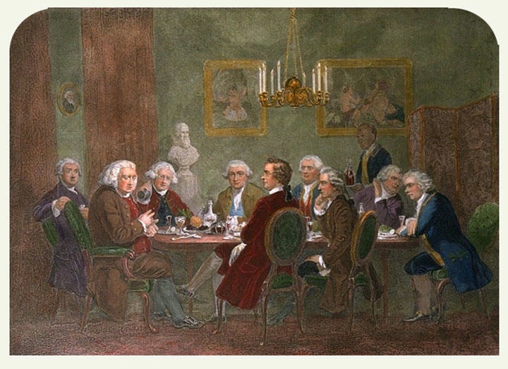 Samuel Johnson's Club. From the left: Boswell, Johnson, Reynolds, Garrick, Burke, Paoli, Burney, Wharton, Goldsmith