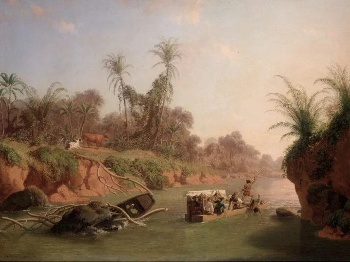 Later, Nahl turned some of his sketches into oil painting, as in this Incident on the Chagres River (1850)