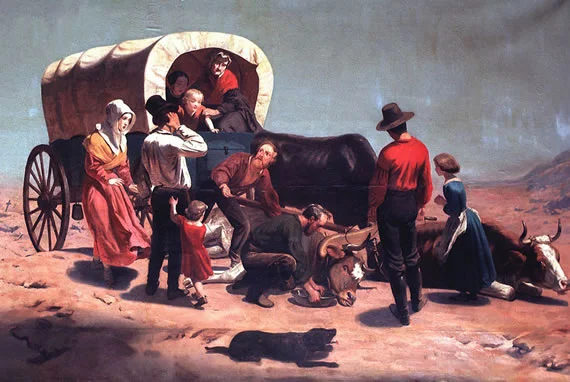 Working in Sacramento and San Francisco, Nahl also turned the tales of overland travelers into canvases depicting the hardships of the passage. Here, a family to the gold fields has just lost the team that was to carry them across "The Great American Desert."